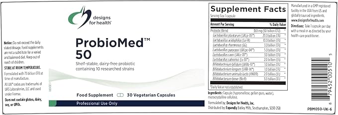 Designs for Health ProbioMed 50 - Probiotics for Digestive Health - 10 Strains with Lactobacillus acidophilus Probiotic + Lactobacillus rhamnosus - Gut Health + Immune Support Supplement (30 Caps)