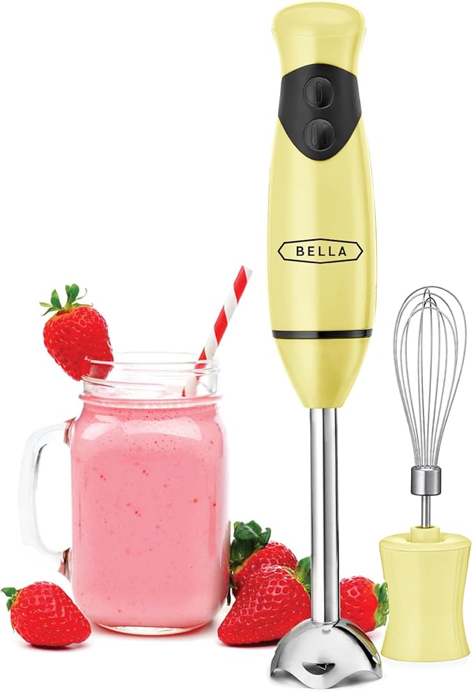 BELLA Immersion Blender, Portable Mixer and Emulsifier with Whisk Attachment, 2 Speed, Electric Handheld Juicer, Shakes, Baby Food and Smoothie Maker, Stainless Steel, BPA Free, 250 Watt, Yellow