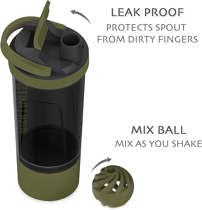 Artoid Sports Protein Shaker Bottle, 24-Ounce, Dual Mixing Technology, BPA Free, Black/Moss Green