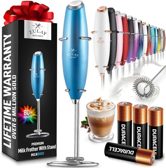 Zulay Powerful Milk Frother (4 Duracell Batteries Included) - Handheld Milk Frother Wand Drink Mixer for Coffee - Powerful Milk Foamer for Cappuccino, Frappe, Matcha & Coffee Creamer - Metallic Blue