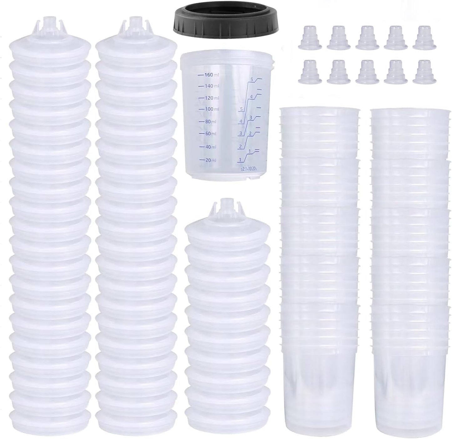 Disposable Paint Sprayer Mixing Cup for Automotive Paint Gun, HVLP Paint Spray Paint Gun 6 Ounce (160ml) Kit with 50 Cups and Lids System, 1 Hard Cup with Retainer Ring and 10 Plugs