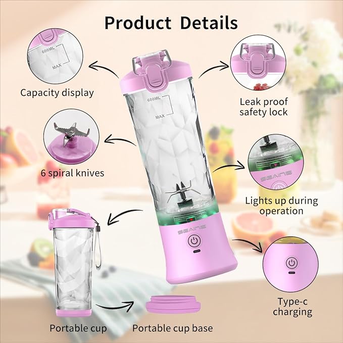 Portable Blender, Personal Blender for Shakes and Smoothies with 20 Oz Travel Cup and Lid, Mini Personal Size Blender with 6 Blades and USB Rechargeable for Gym, Kitchen and Outdoors (Purple)