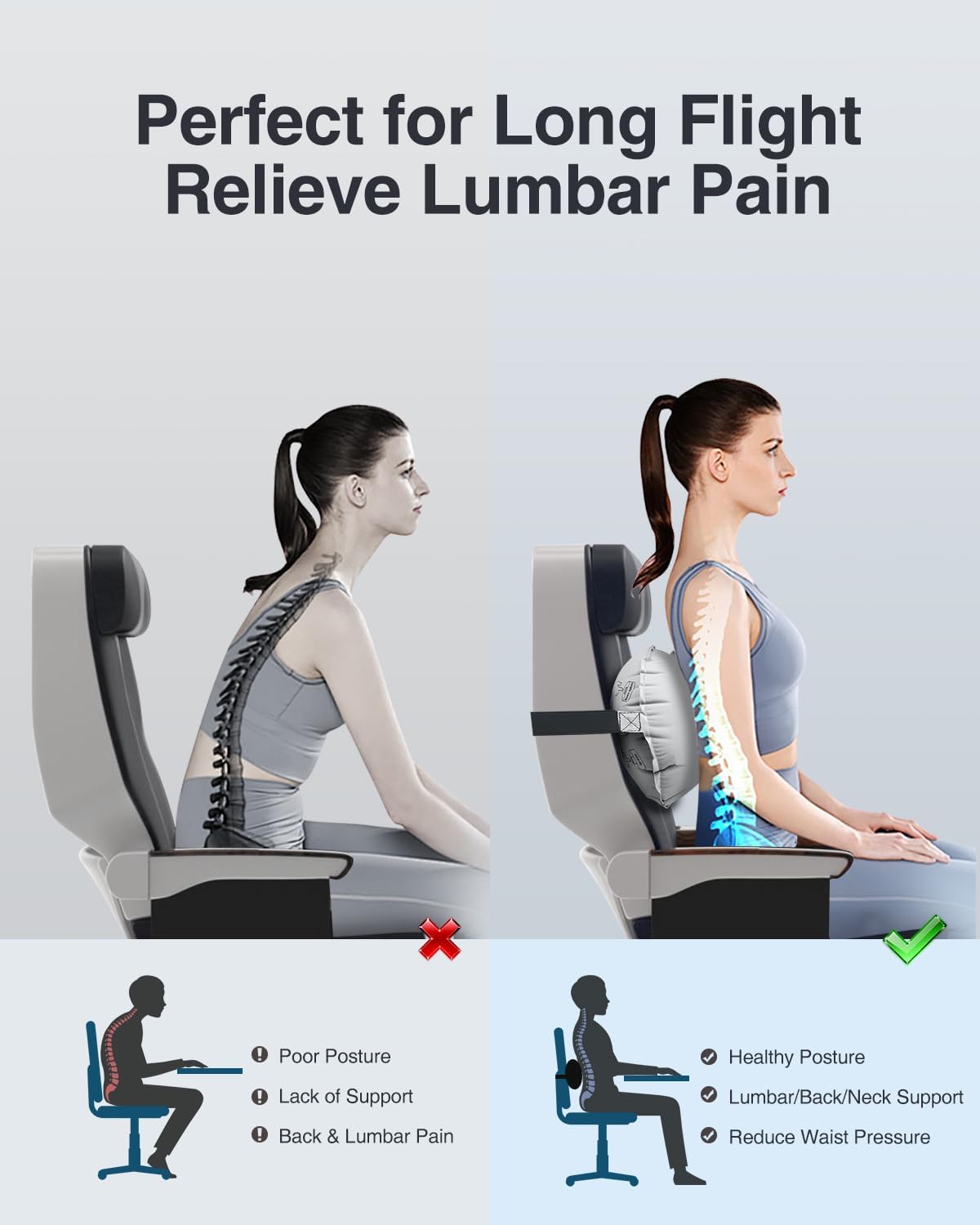 Luxtude Inflatable Lumbar Pillow for Airplane Travel, Lumbar Support Pillow for Office Chair/Car, Self-Inflating Travel Lumbar Pillow Back Support, Lower Back Pillow for Reducing Lumbar Pain