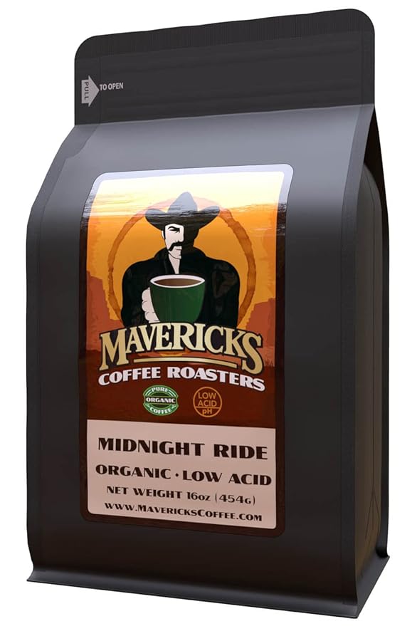 Mavericks Low Acid Coffee - Midnight Ride Blend - Organic and Non-GM0 (Coffee Ground) 16 oz - Bold and Smooth Dark Roast with 90% Less Acid - Safe for GERD and Keto Diets
