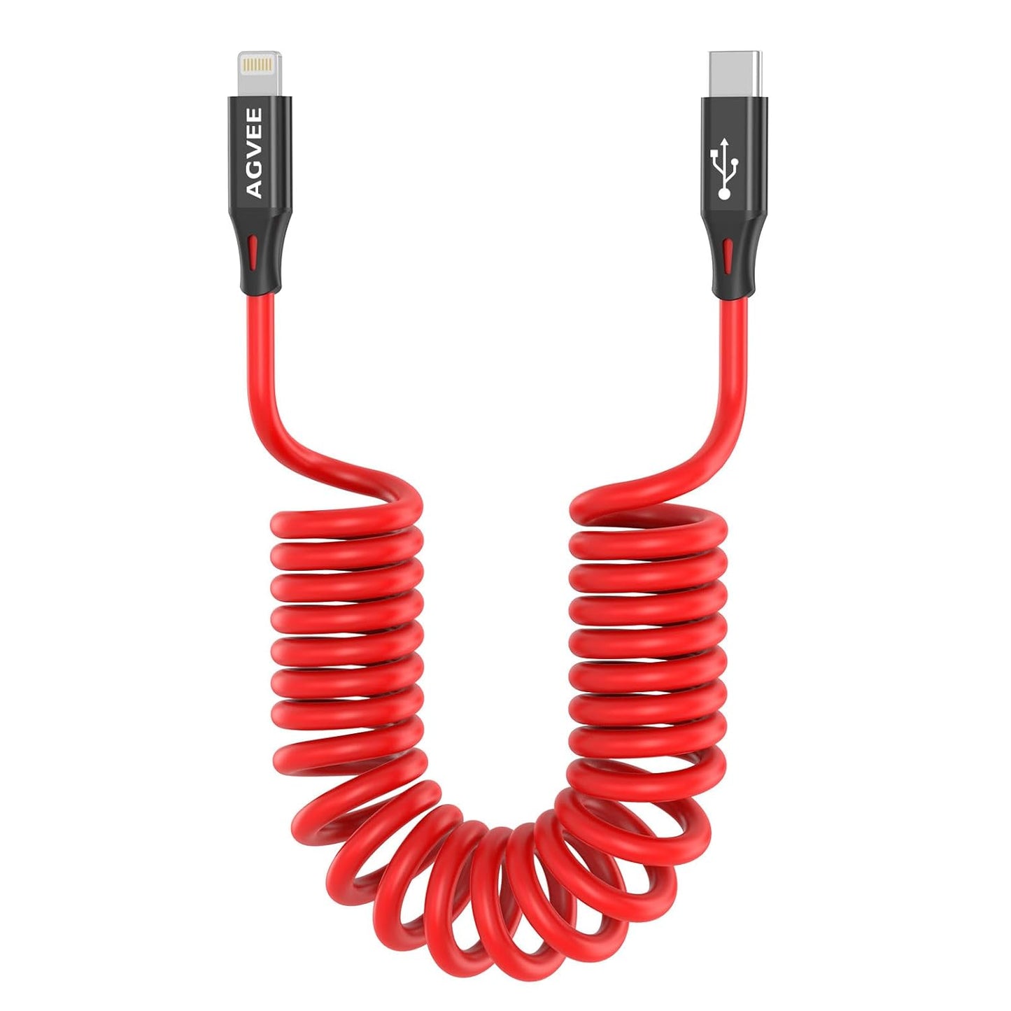 AGVEE 3ft Coiled Short USB-C to Lightning Charging Cable [MFI Certified] 30W PD Fast Charger Cord in Car for iPhone 14/13/12/11/XS/8/7/6/5 CarPlay, iPad, iPod, Red