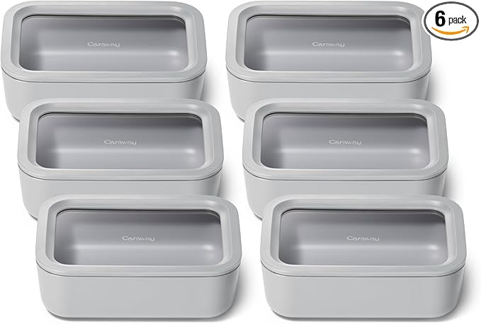 Caraway 6pc Glass Food Storage Set – 6.6 Cup Food Containers (6) - Ceramic Coated - Non Toxic, Non Stick with Lids - Microwave Safe - Gray