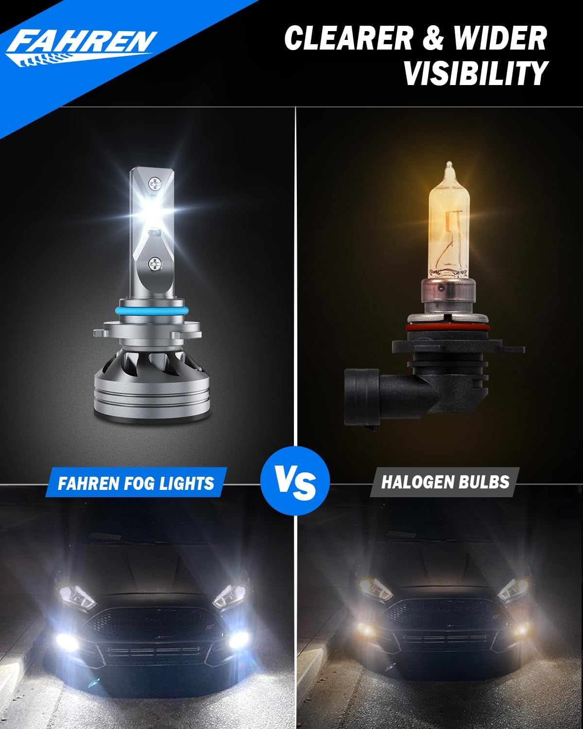 FAHREN 9005/HB3 9006/HB4 𝐋𝐄𝐃 Bulbs Combo, 𝟗𝟎𝟎% 𝐁𝐫𝐢𝐠𝐡𝐭𝐞𝐫 9006 9005 Fog Light Bulbs with 6500K White High-Performance, 1:1 Halogen Size, Non-Polarity, Pack of 4