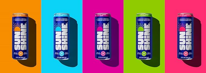 Sunshine Sparkling Energy Drink, Black Cherry with Daily Essential Vitamins, 360mg of Electrolytes, 70mg of Natural Caffeine, 12 Fl Oz (Pack of 12)