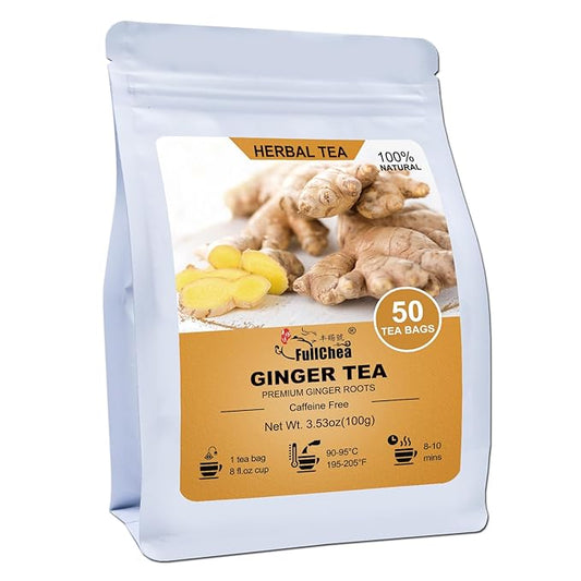 FullChea - Ginger Tea Bags, 50 Teabags, 2g/bag - Premium Ginger Root Tea Bag - Warm & Spicy - Non-GMO - Caffeine-free - Support Digestion & Boost Immunity