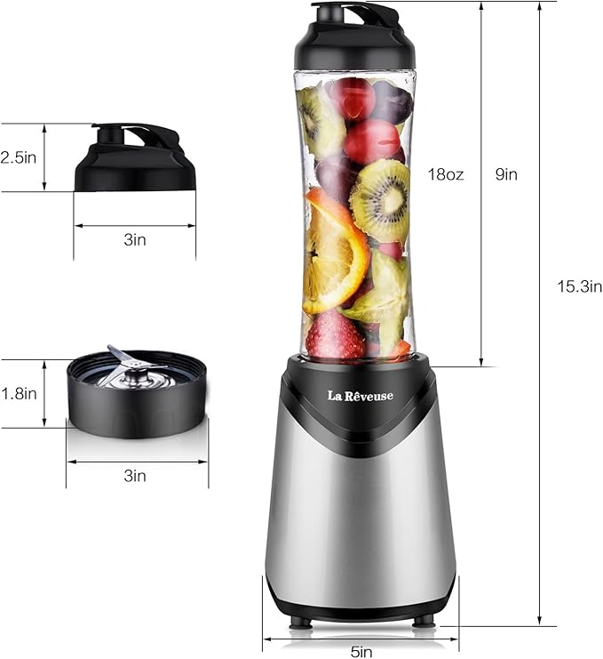 La Reveuse Smoothie Blender Personal Size 300 Watts with 2 Pieces 18 oz BPA-Free Travel Sports Bottles (Silver)