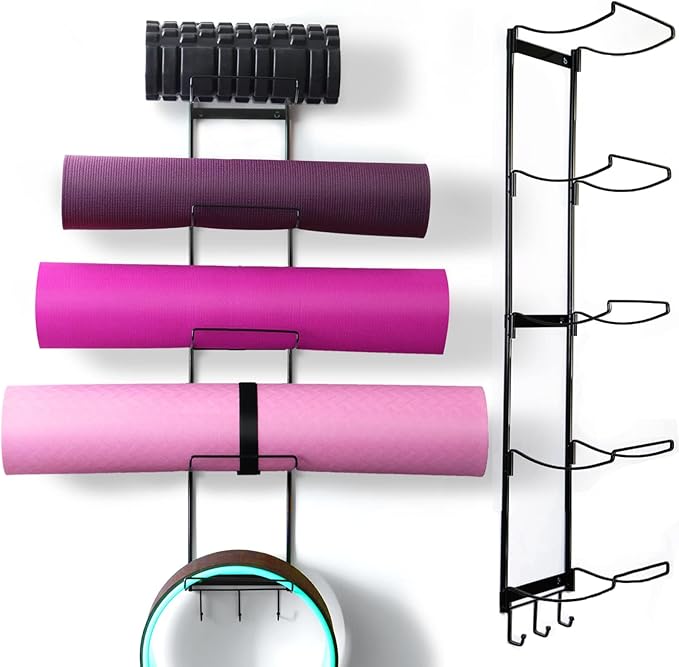 MRZZATA 5-Tiers Yoga Mat Holder Wall Mount, Metal Storage Rack for Mats/Wheels, Foam Roller and Block, Wall Rack with 3-Hooks for Hanging Stretching Strap, Resistance Bands, Yoga Accessories