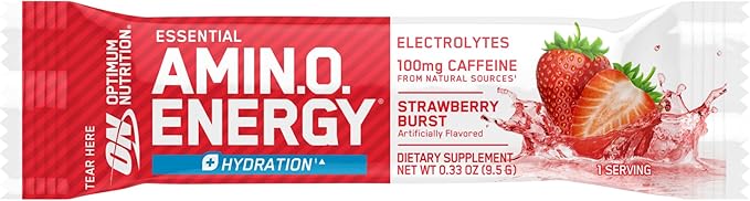 Optimum Nutrition Amino Energy Plus Hydration Packets, On-The-Go Energy Powder Stick Packs, Strawberry Burst, 25 Count