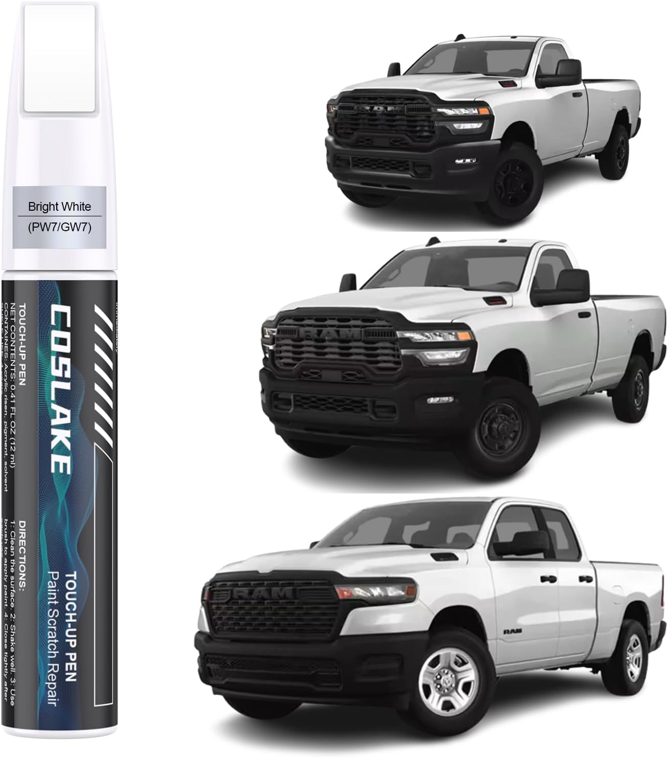 Car Touch Up Paint(Bright White(PW7/GW7)) for Dodge Ram, Car Paint Scratch Repair Kit, Quick & Easy Solution to Repair, 2 in 1 Scratch Remover Pen with 2PCS Disposable Micro Applicators