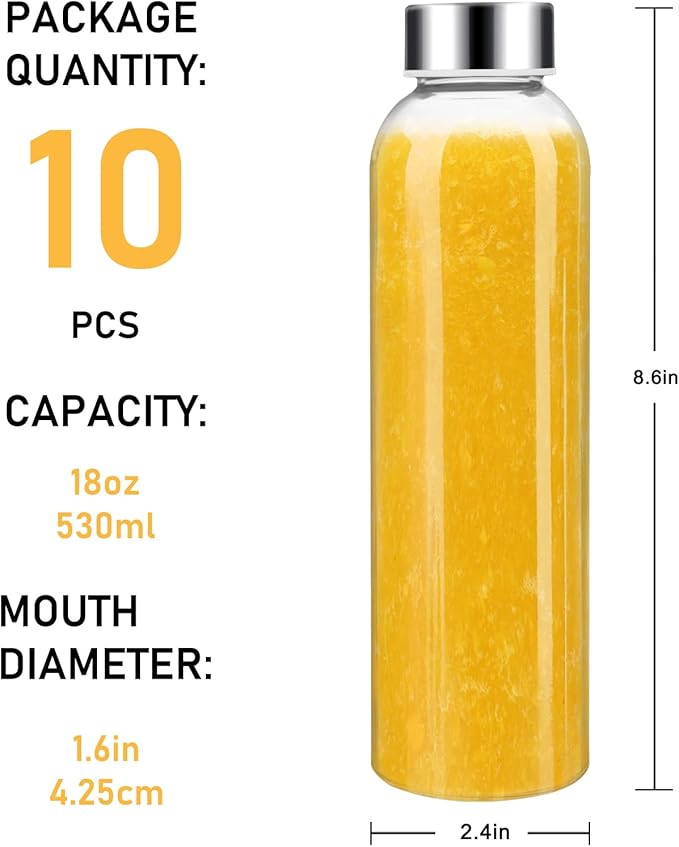 [10 Pack]18 oz Glass Water Bottles with Lids, Juice Bottles, Clear glass juice bottle for juicing, Eco-Friendly Reusable Glass Juicing Bottles with Stainless Steel Lid, BPA Free,Leak-Proof