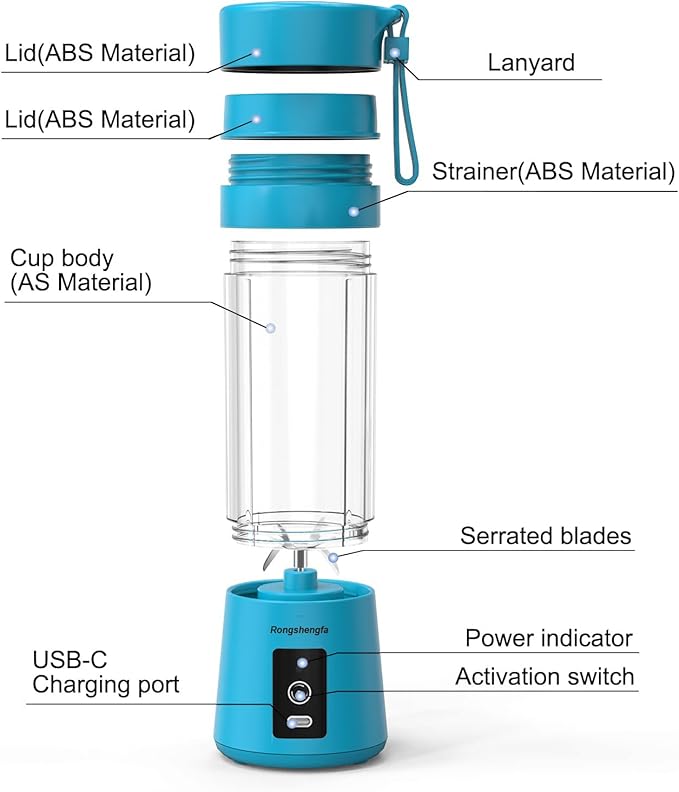 Portable Blender, Mini Personal Blender Bottles for shakes and smoothies，Cordless with USB-C Rechargeable To Go Mixer Electric Blender juicer Cup for Fruit Juice Protein mixes (Blue)