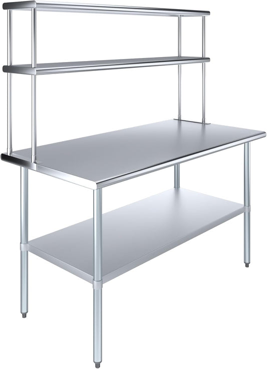 Amgood Stainless Steel Work Table Double Tier Overshelf | Metal Kitchen Prep Table & Shelving Combo (30" x 60" Work Table + 12" Overshelf)
