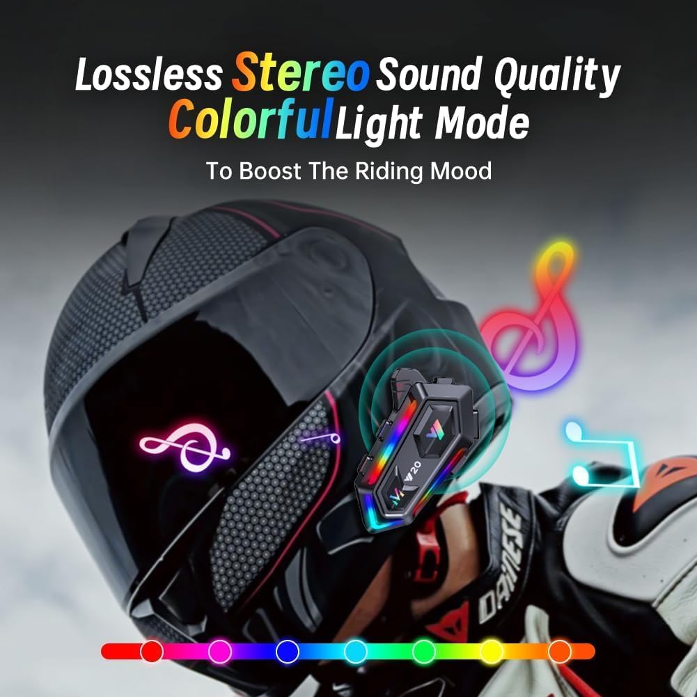 Motorcycle Helmet Bluetooth Headset, Cool RGB Dazzling Lights Motorbike Helmet Speaker Double Noise Cancellation Intercom Communication Systems with IPX6 Waterproof/Strong Bass for Dirt Bike
