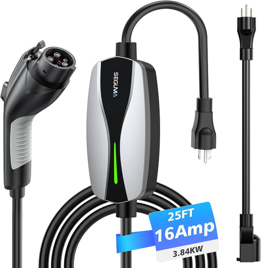 Level 1/2 EV Charger, 16Amp Electric Car Charger 25FT Cable with NEMA 6-20 Plug and NEMA 5-15 Adapter, Home Mobile EV Charging Station for J1772 BEVs/PHEVs 110V-240V(Silver)