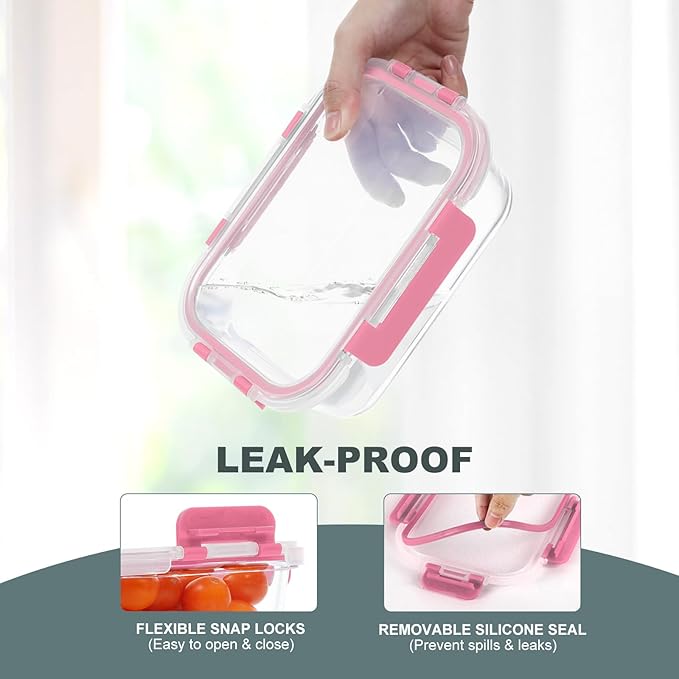 10 Pack Glass Food Storage Containers, Meal Prep Containers with Lids, Airtight Glass Lunch Boxes, Freezer, Oven, and Microwave Safe, Pink
