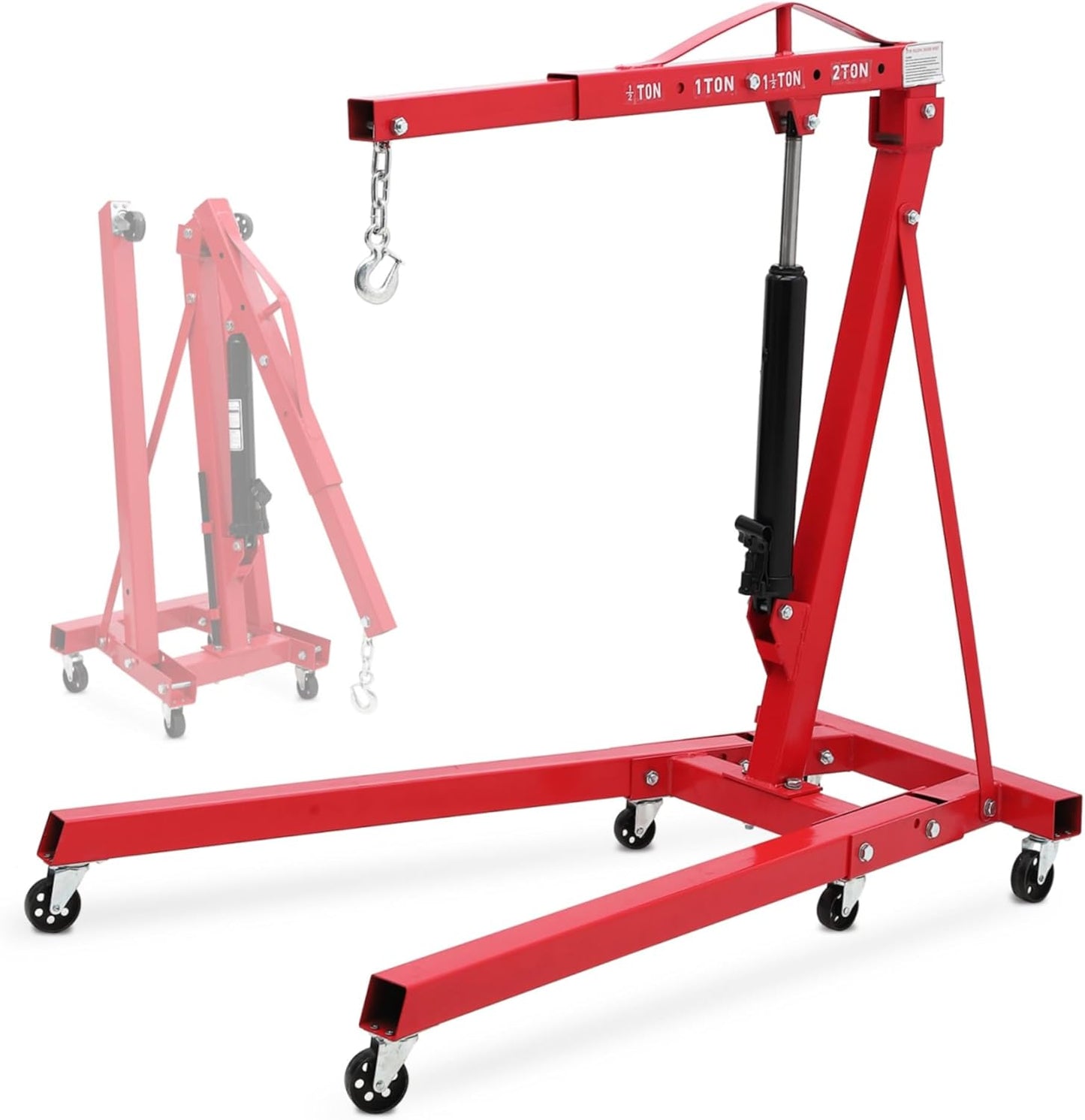 2 Ton Hydraulic Engine Hoist, 4400LBS Folding Cherry Picker Engine Hoist Lift, Heavy Duty Hydraulic Shop Crane with 6 Casters & Telescopic Boom for Lifting Motor, Garage, Workshop and Factory