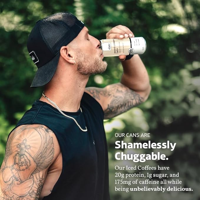 Slate Milk - High Protein Iced Coffee - Sweet Cream Latte - 175mg Caffeine, Lactose Free Energy - 20g Protein, 1g Sugar, 100 Calories, 1g Net Carbs, No Sugar Added - Protein Coffee - 11 fl oz, 12 Cans