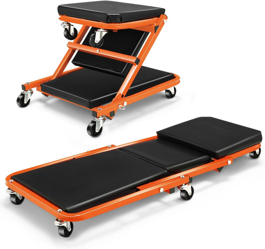 DNA MOTORING 36 Inches 2 IN 1 Rolling Folding Car Creeper/Seat, 6 Pcs 2" Casters, 150kg Weight Capacity, Orange, TOOLS-00185-OG