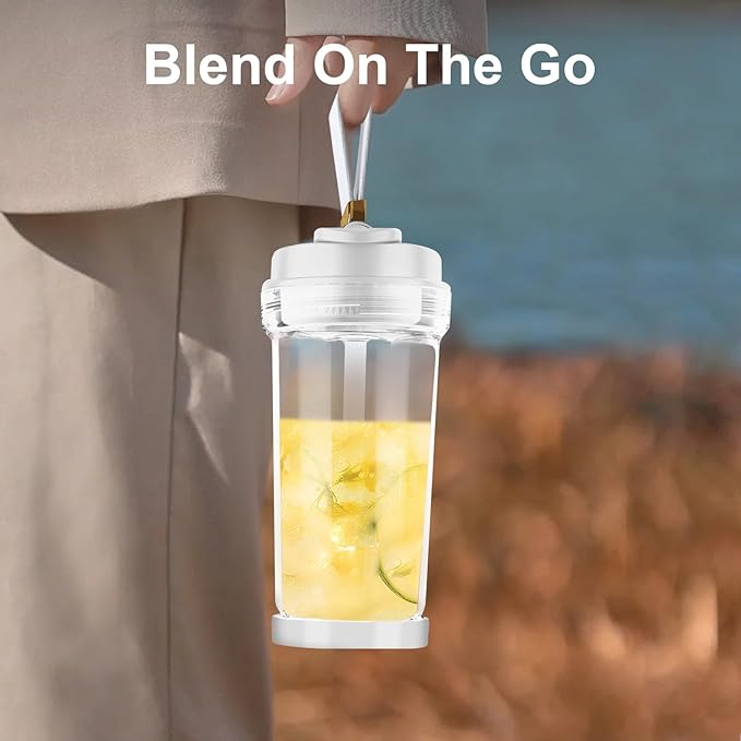 Portable Blender for Smoothies and Shakes, 2 Portable Blender Cups, 17 &10 oz Cordless Personal Small Blender with Straw Brush&Lid, USB-C Rechargeable, Quiet Mini Travel Blender, White