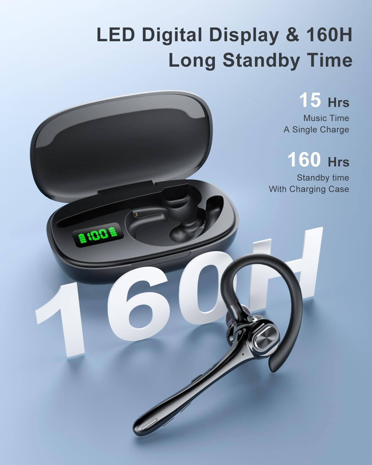 Earbuds Wireless Earpiece Bluetooth Headset with Noise Canceling Mic 160H Standby Time Hands Free Earphones Single Ear Headphone for iphone Android Samsung Cell Phones PC TV Computer Game Trucker Work