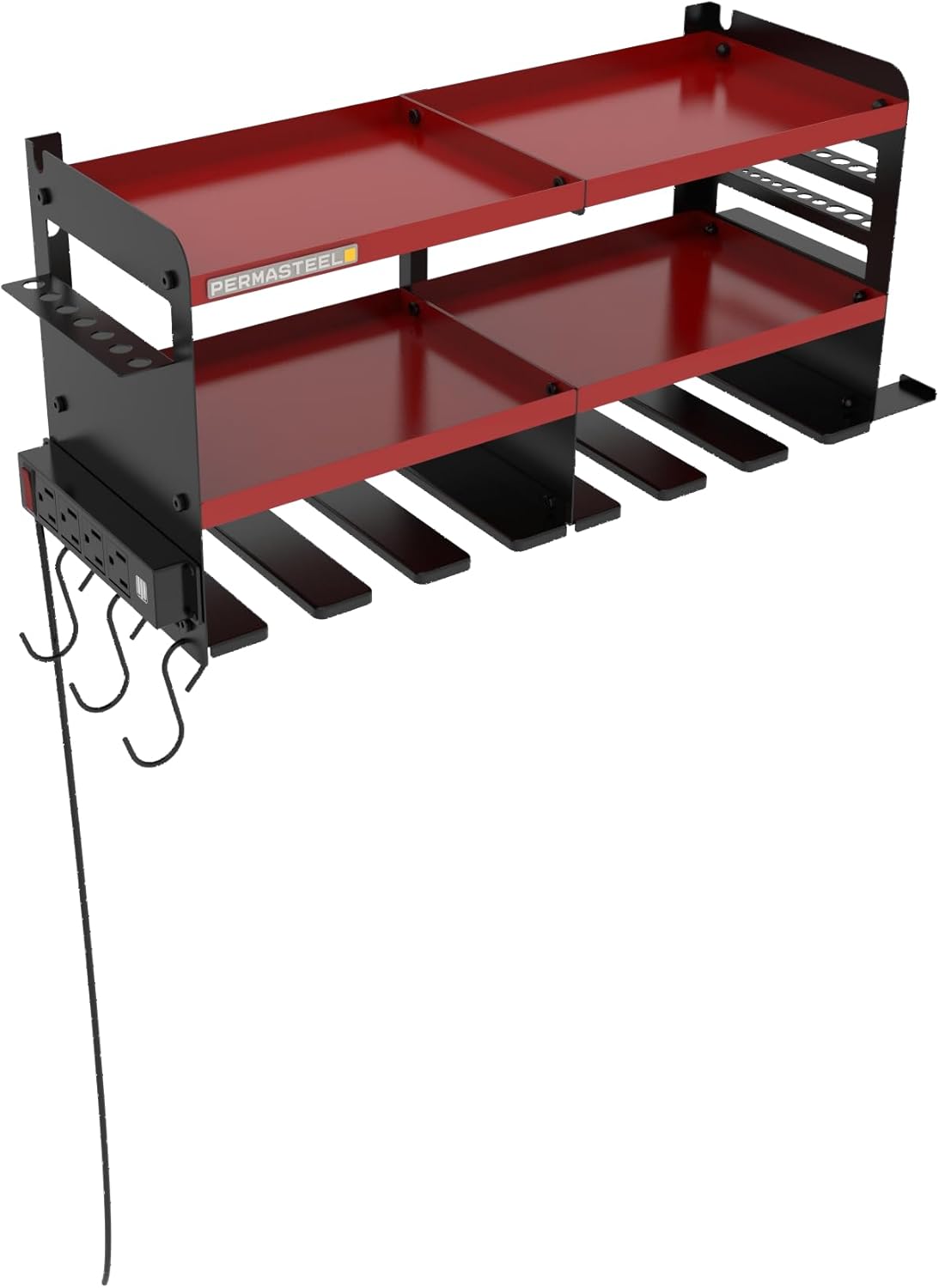 Permasteel Power Tool Organizer Wall Mount - 150 Lbs Load 3-Layer Heavy Duty Metal Storage Rack with Charging Station, Holds 6 Drills, 9 Hand Tools and 16 drill bits for Garage and Workshop, Red