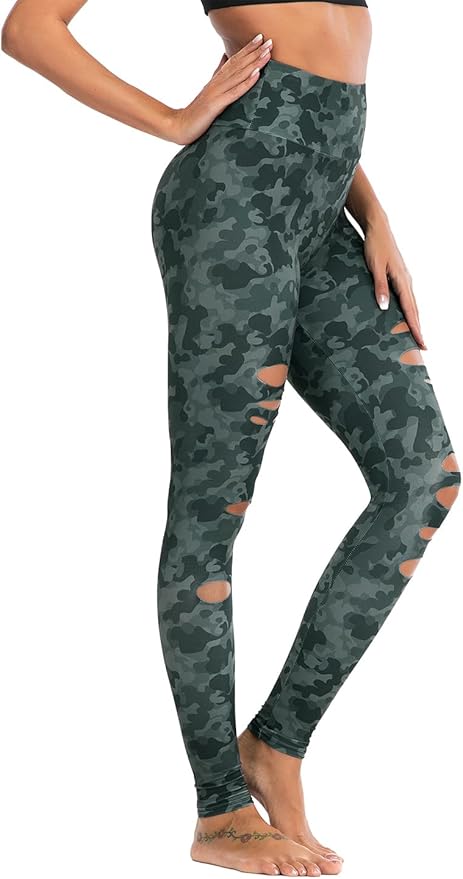 DIBAOLONG Womens High Waist Yoga Pants Cutout Ripped Tummy Control Workout Running Yoga Skinny Leggings