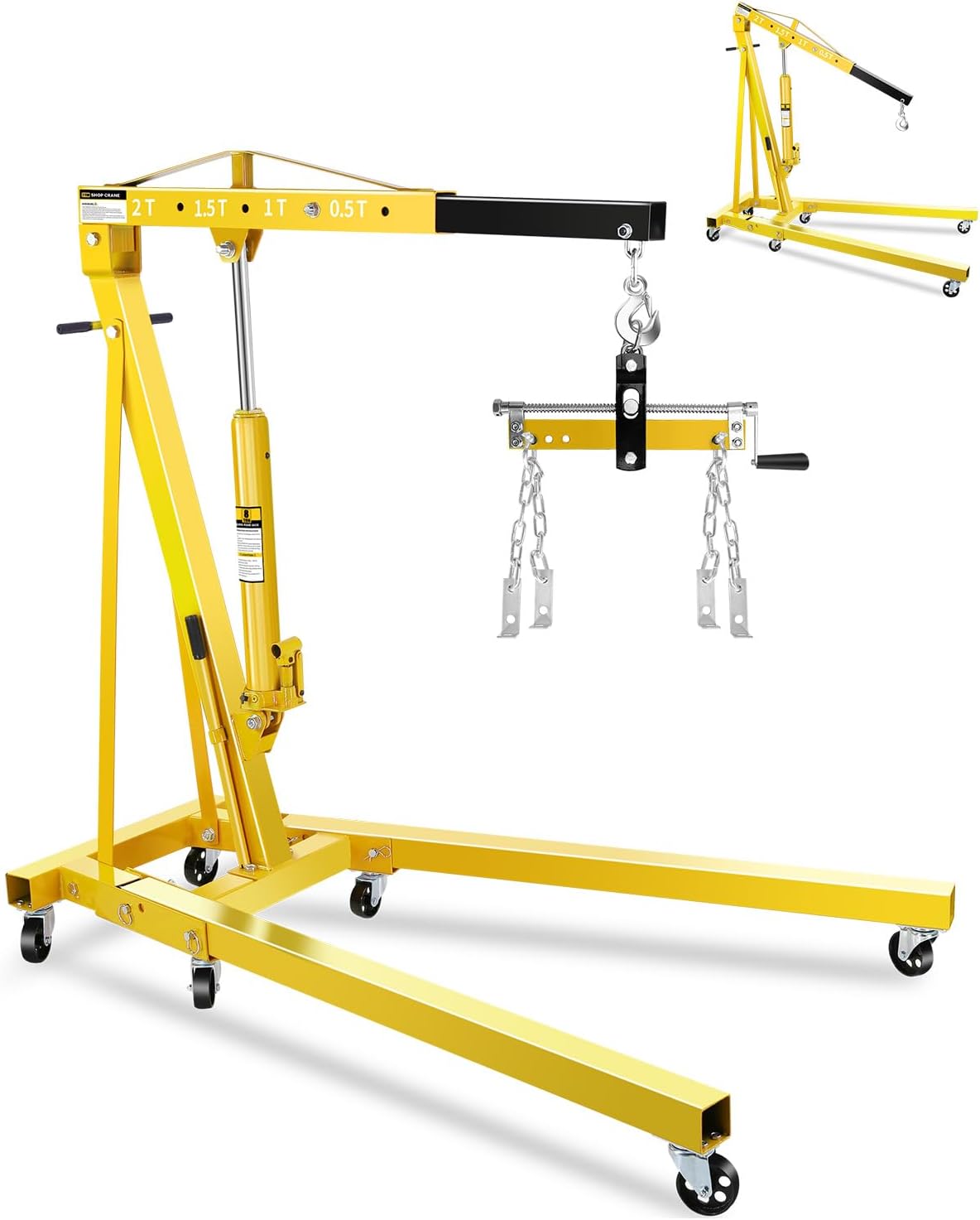 2-Ton Folding Engine Hoist with Lever, Hydraulic Shop Crane with 6 Swivel Wheels & Adjustable Boom (0.5T-2T), Heavy-Duty Cherry Picker for Garage, Workshop, Truck, Farm (Net Wt. 168 lbs)