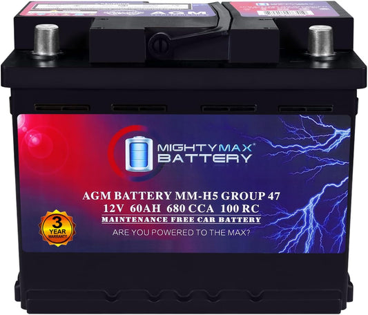 Mighty Max Battery MM-H5 Start and Stop Car BCI Group Size 47 12V 60 AH, 100RC, 680 CCA Rechargeable AGM Car Battery