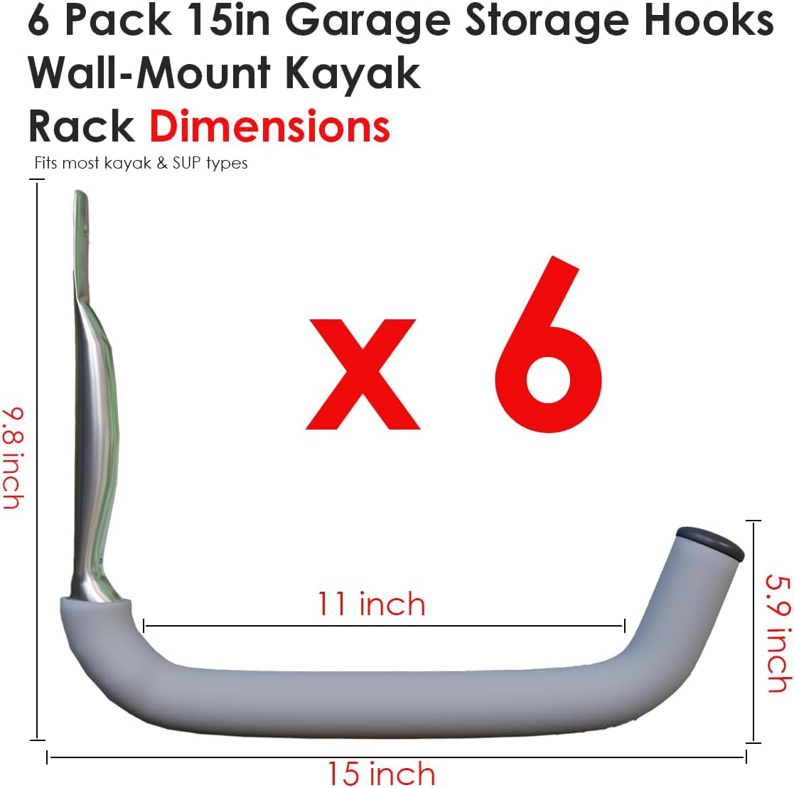 6 Pack Garage Hooks Heavy Duty, 15" 100LB Stainless Steel Wall Mount Kayak Storage Rack with EVA Pads for Hanging Indoor/Outdoor, Garage Storage Organizer for Hang Ladders Folding Chair Bike