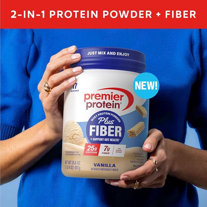 Premier Protein Powder Plus Fiber, 25g Protein, 7g Fiber, Vanilla, No Added Sugar,17 Servings