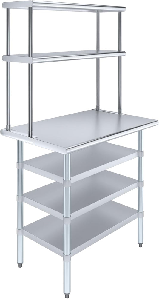 Amgood 24" x 36" Stainless Steel Work Table with 3 Shelves and 12" Wide Double Tier Overshelf | Metal Kitchen Prep Table & Shelving Combo | NSF