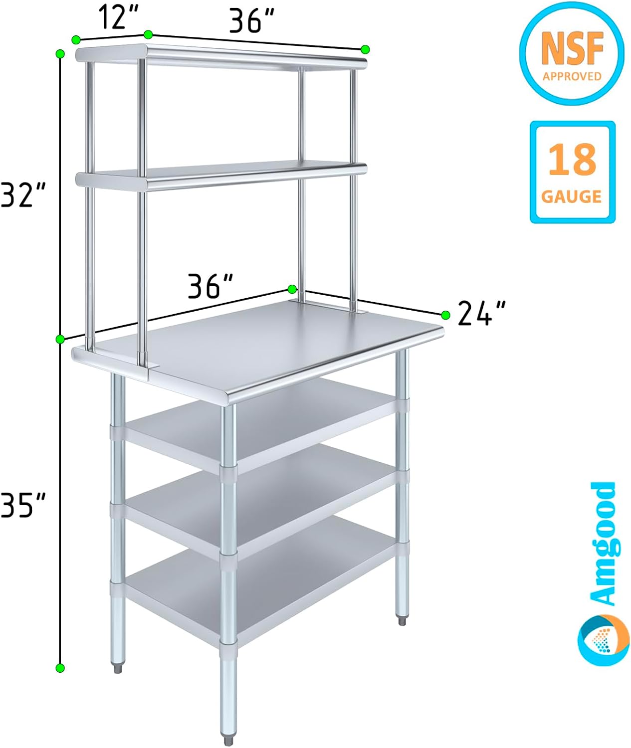 Amgood 24" x 36" Stainless Steel Work Table with 3 Shelves and 12" Wide Double Tier Overshelf | Metal Kitchen Prep Table & Shelving Combo | NSF