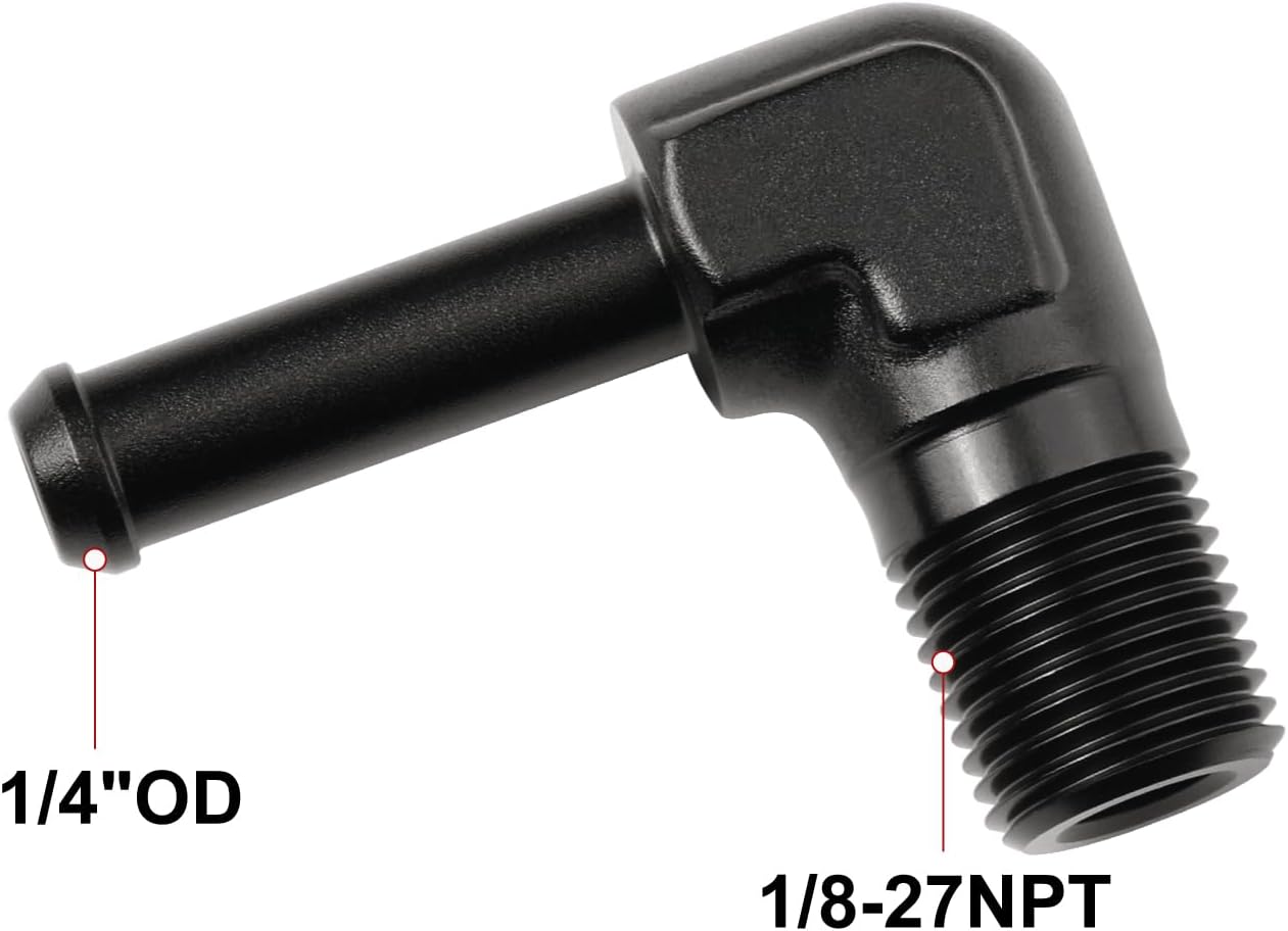 1/8 NPT Male to 1/4" Hose Barb Fitting Adapter 90 Degree Elbow Aluminum Black