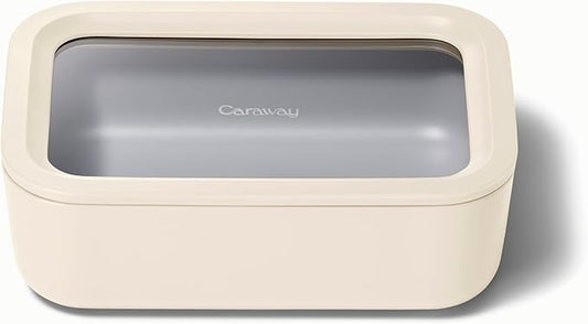 Caraway Glass Food Storage, 6.6 Cup Glass Container,Ceramic Coated Food Container,Easy to Store, Non Toxic, Non Stick Lunch Box Container with Glass Lids. Dishwasher, Oven,Square Shape,Cream