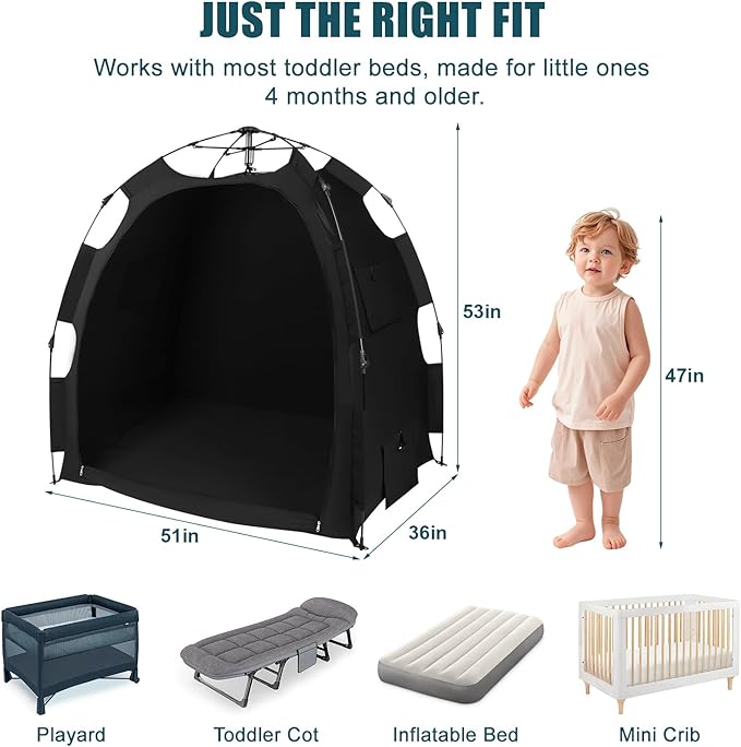 Blackout Tent for Pack N Play: Portable Baby Sleep Pod with 1-Click Setup, Mini Crib Cover with Monitor and Fan Pouches, Blocks 95% of Light, Travel Crib Canopy
