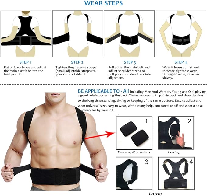 Thoracic Back Brace Posture Corrector - Magnetic Support for Neck Shoulder Upper and Lower Back Pain Relief - Perfect Posture Brace for Cervical Lumbar Spine - Fully Adjustable Belt (Black, Medium)