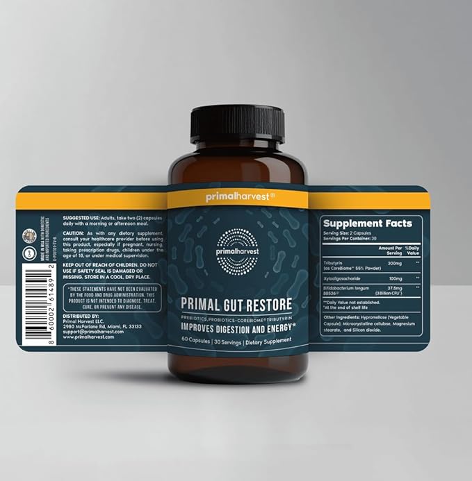 Primal Harvest Restore for Gut Health, Primal Gut Restore w/POSTbiotics, PREbiotics and PRObiotics for Women and Men, 60 CT - Digestion, Colon Cleanse, Immunity Support - Helps Leaky Gut Repair