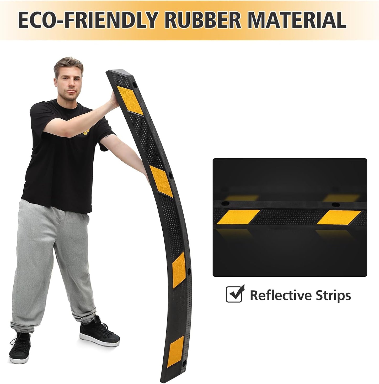 2 Pack Heavy Duty Rubber Parking Curb (72.8" Extra Wide) - 55000 Lb Capacity with 8 Reflective Strips, UV/Oil Resistant for Driveways & Commercial Lots