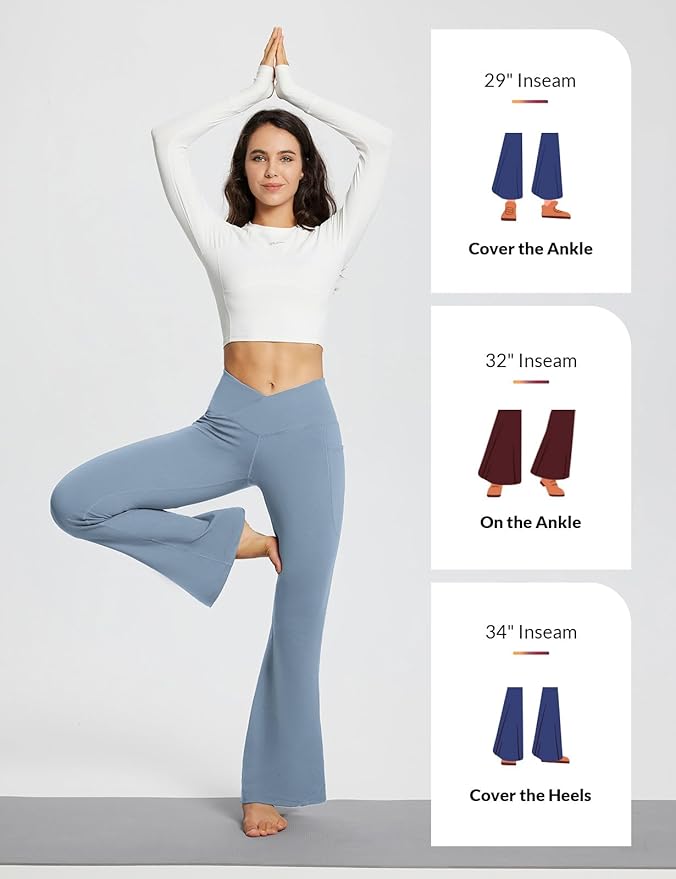 baleaf Women's V Crossover Flare Leggings with Pockets Yoga Pants High Waist Casual Workout Gym Bell Bottom Leggings