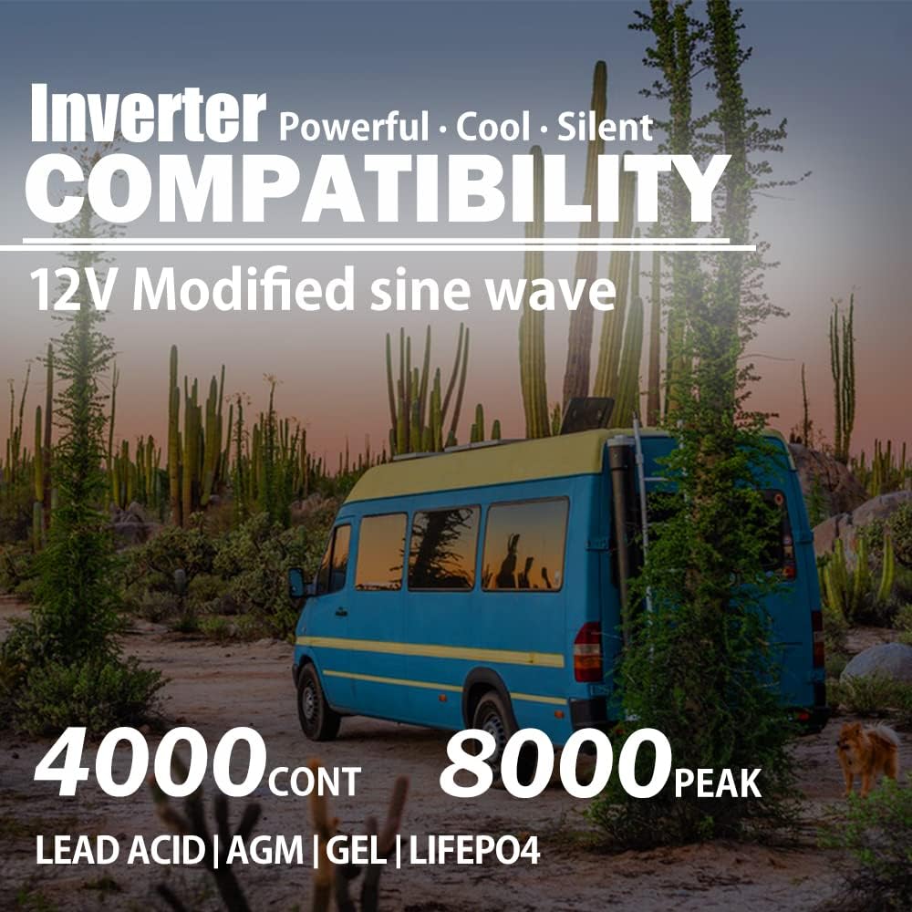 4000 Watt Modified Sine Wave Inverter, 12V Power Inverter, Four 110 / 120V DC to AC Outlets,Type-C Port,Dual Fast Charge USB Ports, LCD Display, Remote Control for Home RV Solar Car Emergency Off Grid