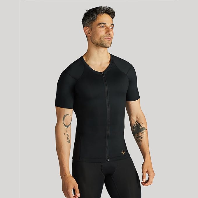 Tommie Copper Mens Short Sleeve Compression Shirt with Front Zipper – Full Back & Shoulder Support, Posture Corrector