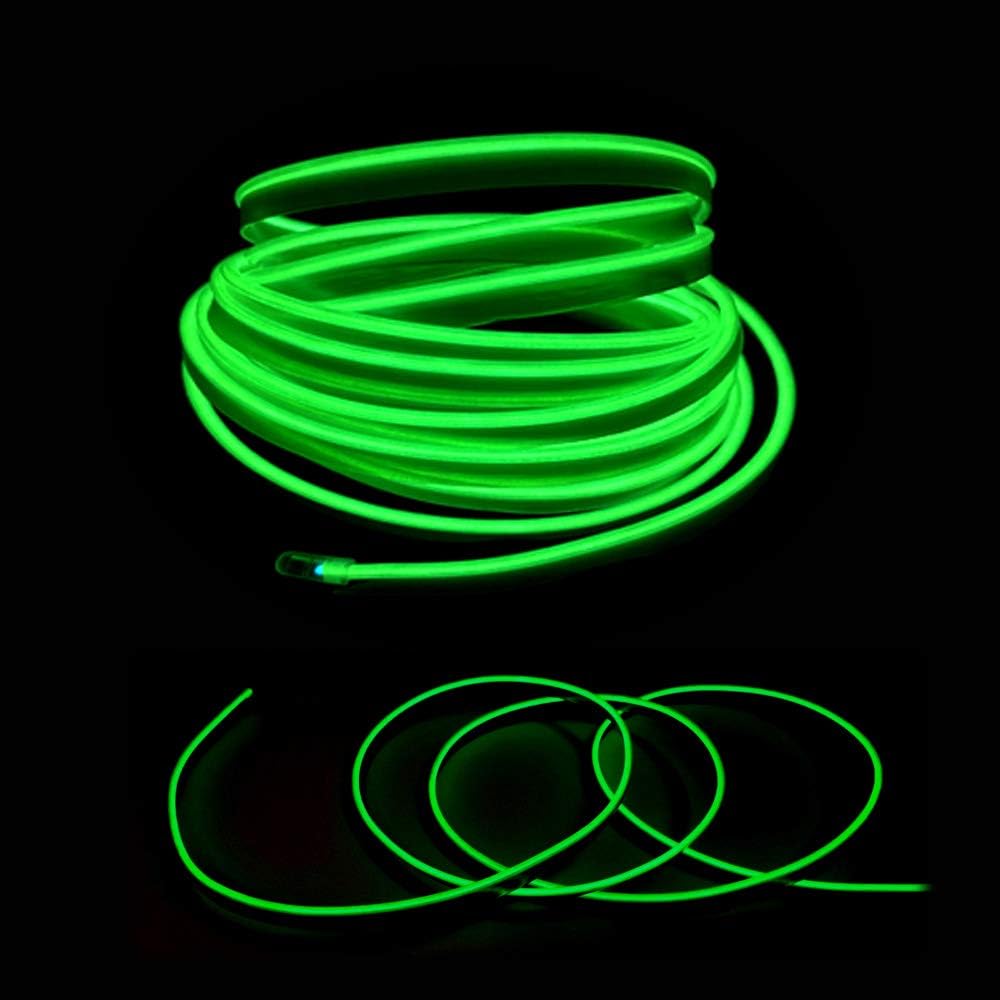 El Wire Green Interior Car LED Strip Lights, 10M Neon Wire USB 5V with Fuse Protection for Automotive Car Interior Decoration with 6mm Sewing Edge