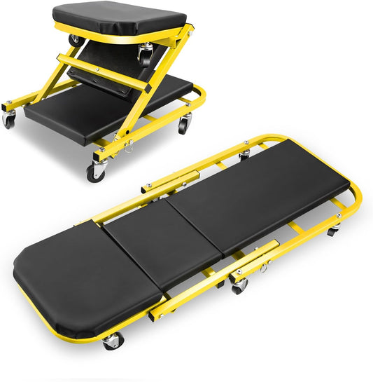 DNA MOTORING 40 Inches Folding 2 in 1 Rolling Z Creeper, Adjustable Roller Garage Chair Lay Down or Sit, 6 Pcs 2" Casters, 150kg Weight Capacity, Yellow, TOOLS-00187-YL