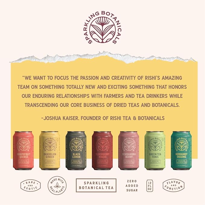 Rishi Tea Dandelion Ginger Sparkling Botanicals Sparkling Water - Organic, Unsweetened, Zero Added Sugar, Caffeinated, Craft-Brewed From Real Plants - 12 oz (Pack of 12)