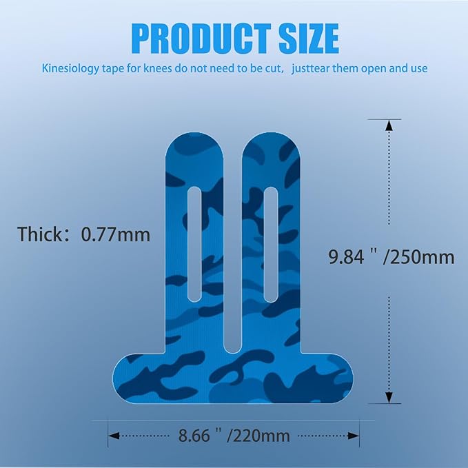 Precut Kinesiology Tape for Knees,24 Pcs – Elastic Knee Support & Stability, Pain Relief – Waterproof, Breathable, Hypoallergenic Athletic Tape (Camo Blue)