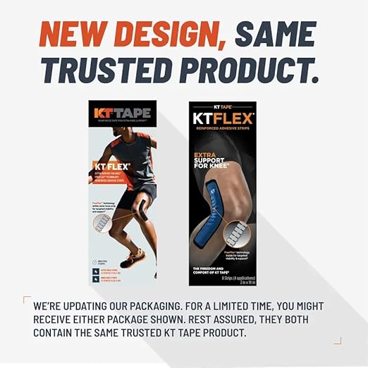 KT Tape, KT Flex Reinforced Adhesive Strips – 8 Pack, 10 in. Precut Strips in Black – Effective Support for Weak or Injured Knees, 2-Strip Application, Breathable, and Comfortable for Up to 3 Days
